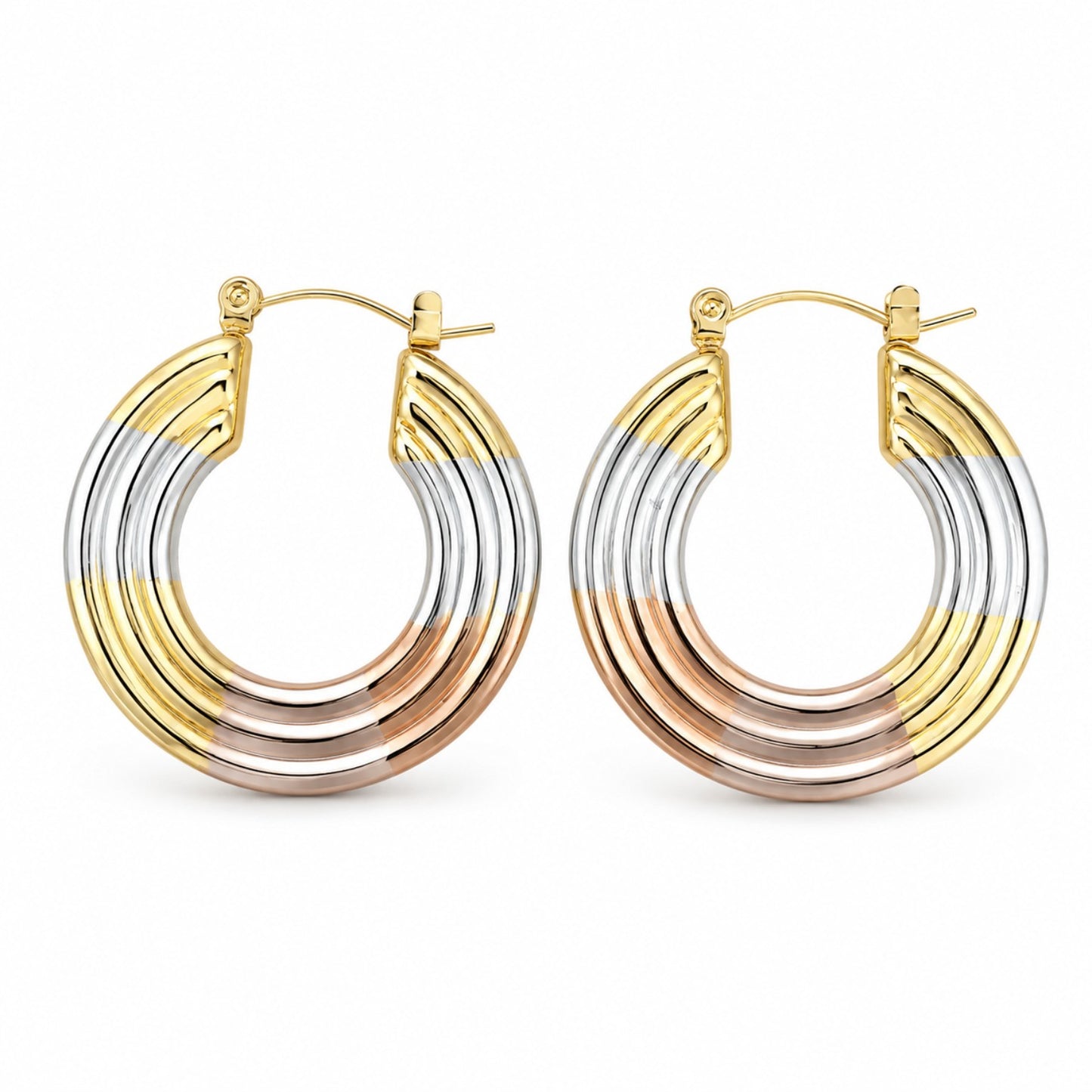 Tri-Tone Ribbed C-Hoop Earrings (AK91120_2)
