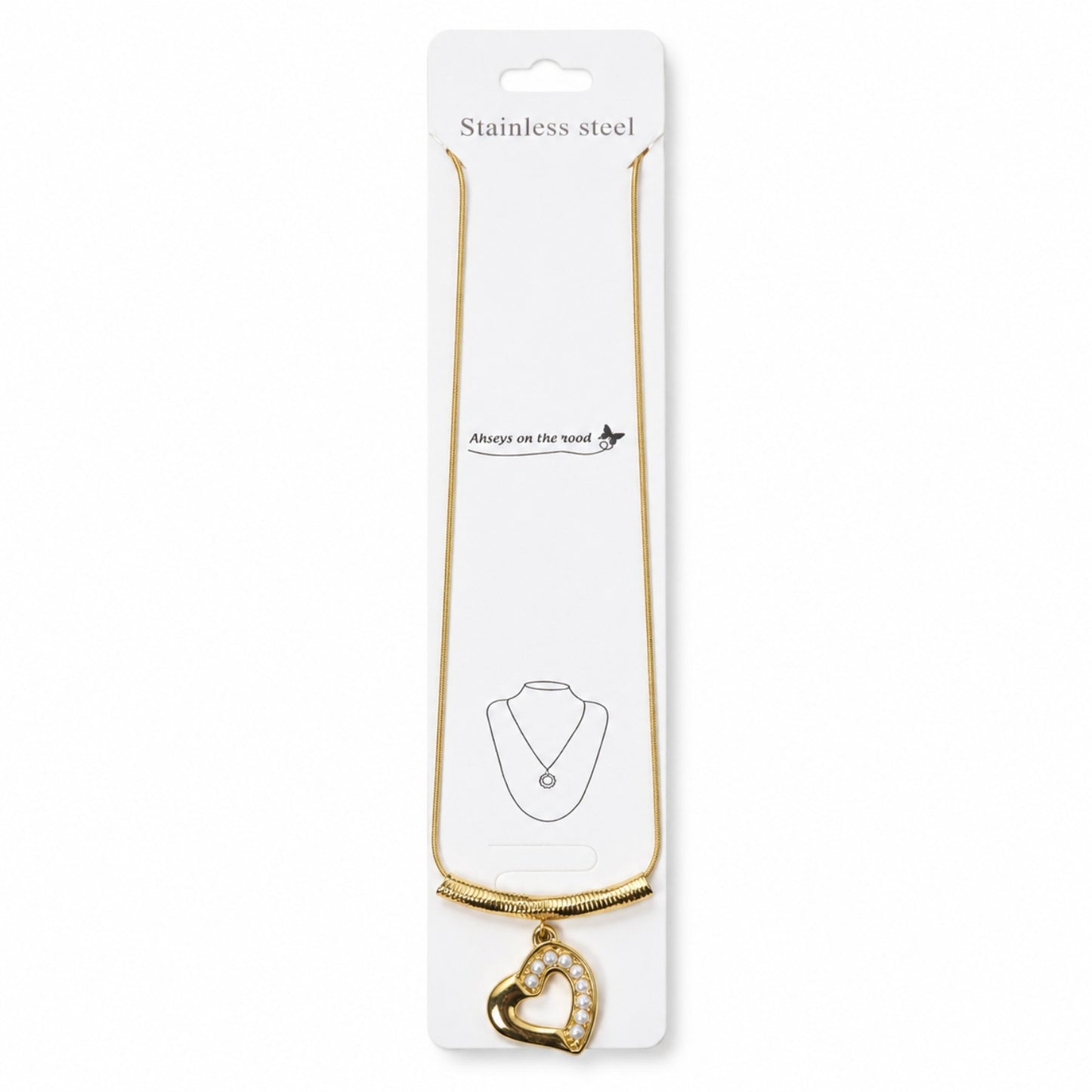 Gold Stainless Steel Pearl Heart Pendant Necklace (AK91120_2)