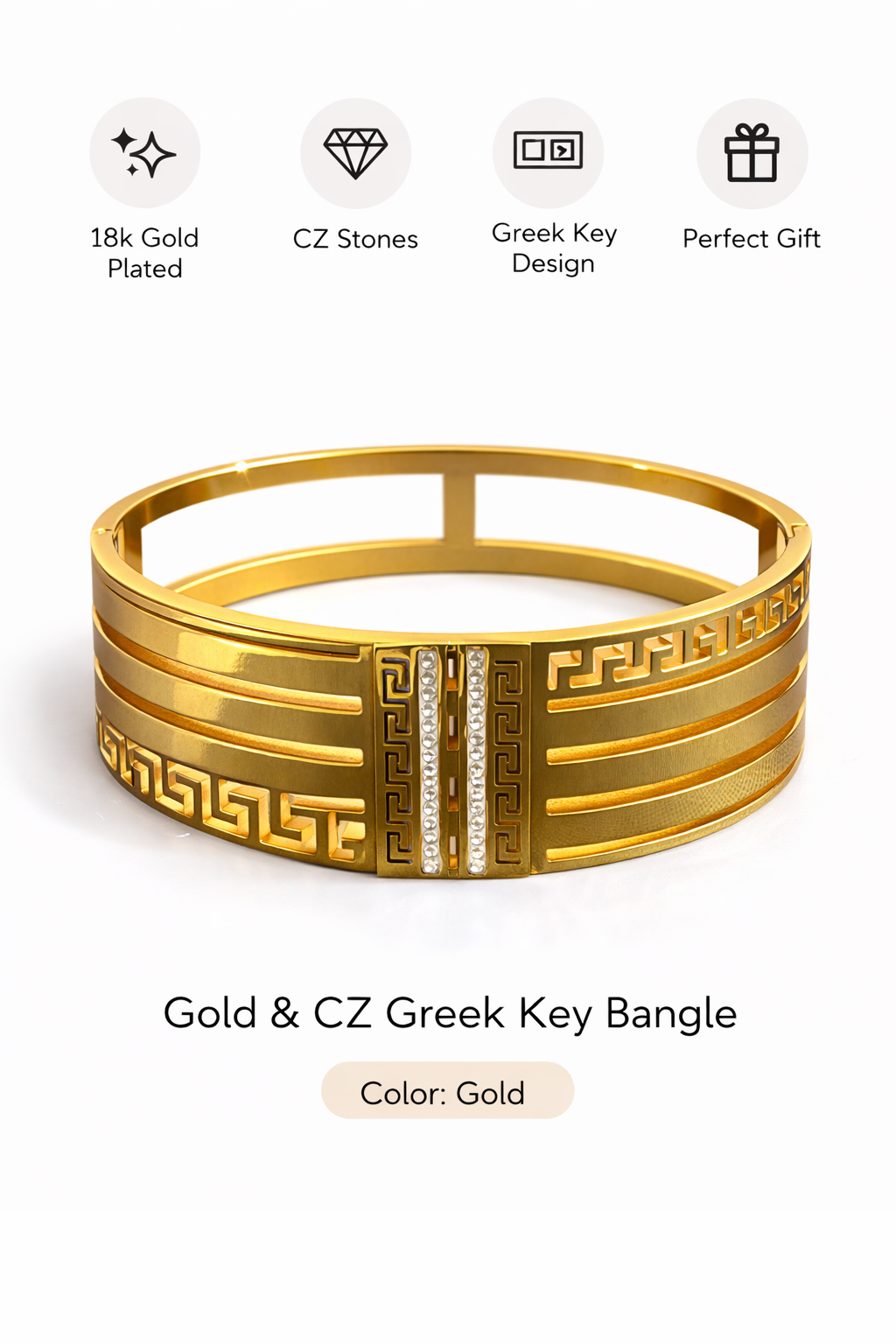 Gold & CZ Greek Key Designer Bangle (AK91185_2)