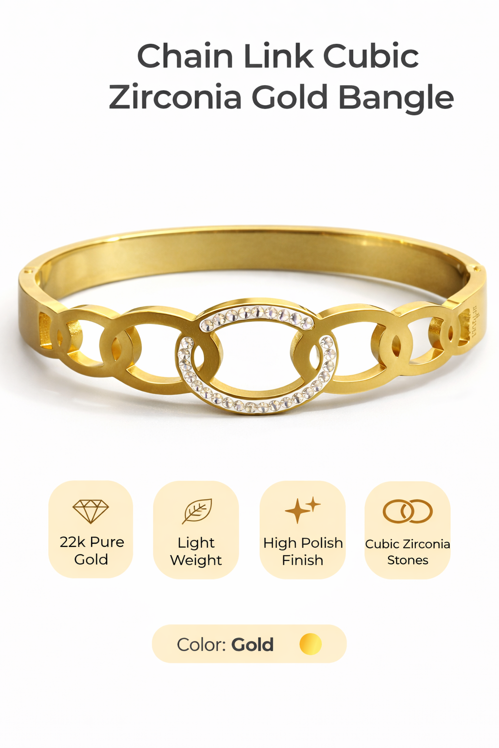 Chain Link Cubic Zirconia Gold Bangle (AK91160_2)
