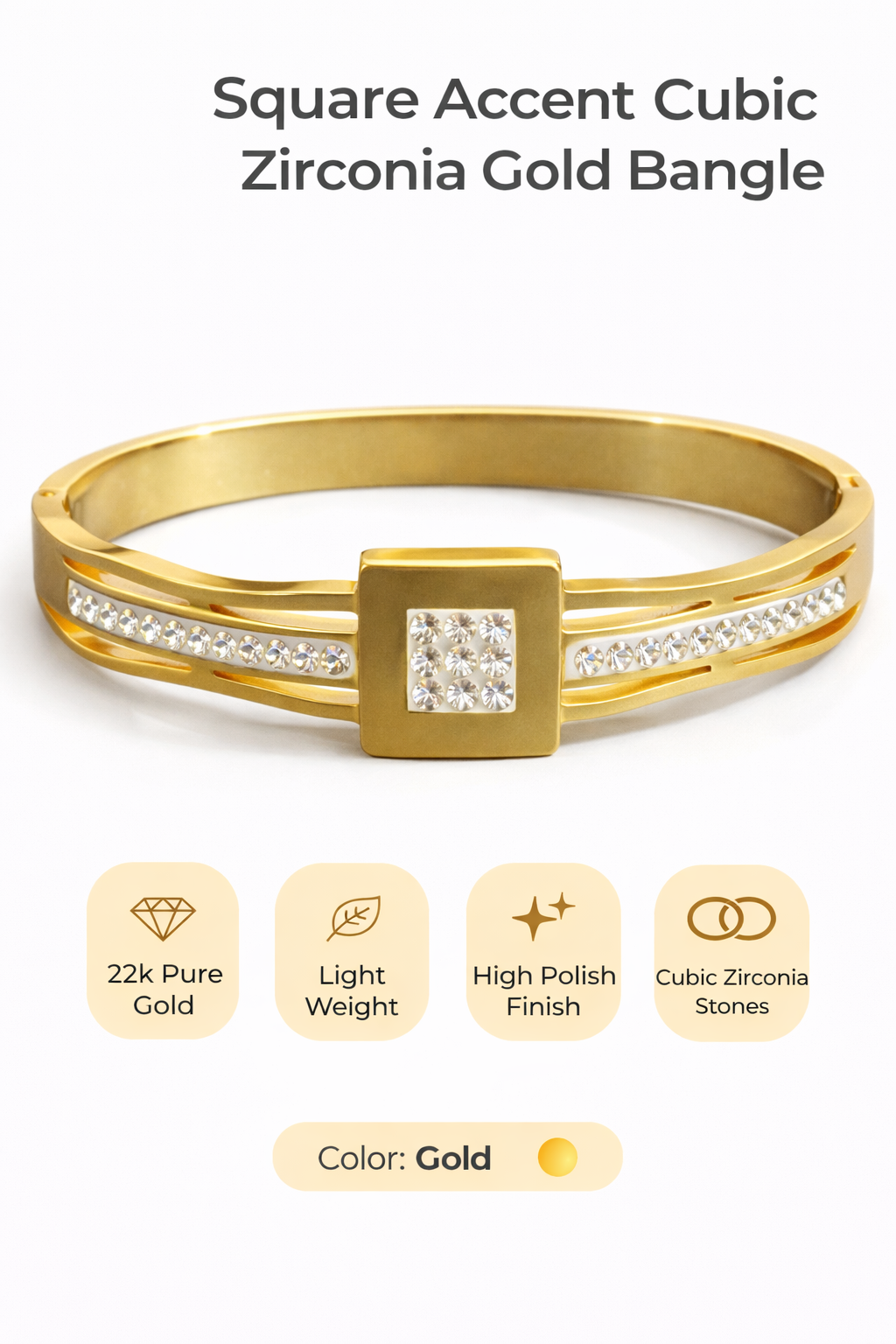 Square Accent Cubic Zirconia Gold Bangle (AK91160_2)