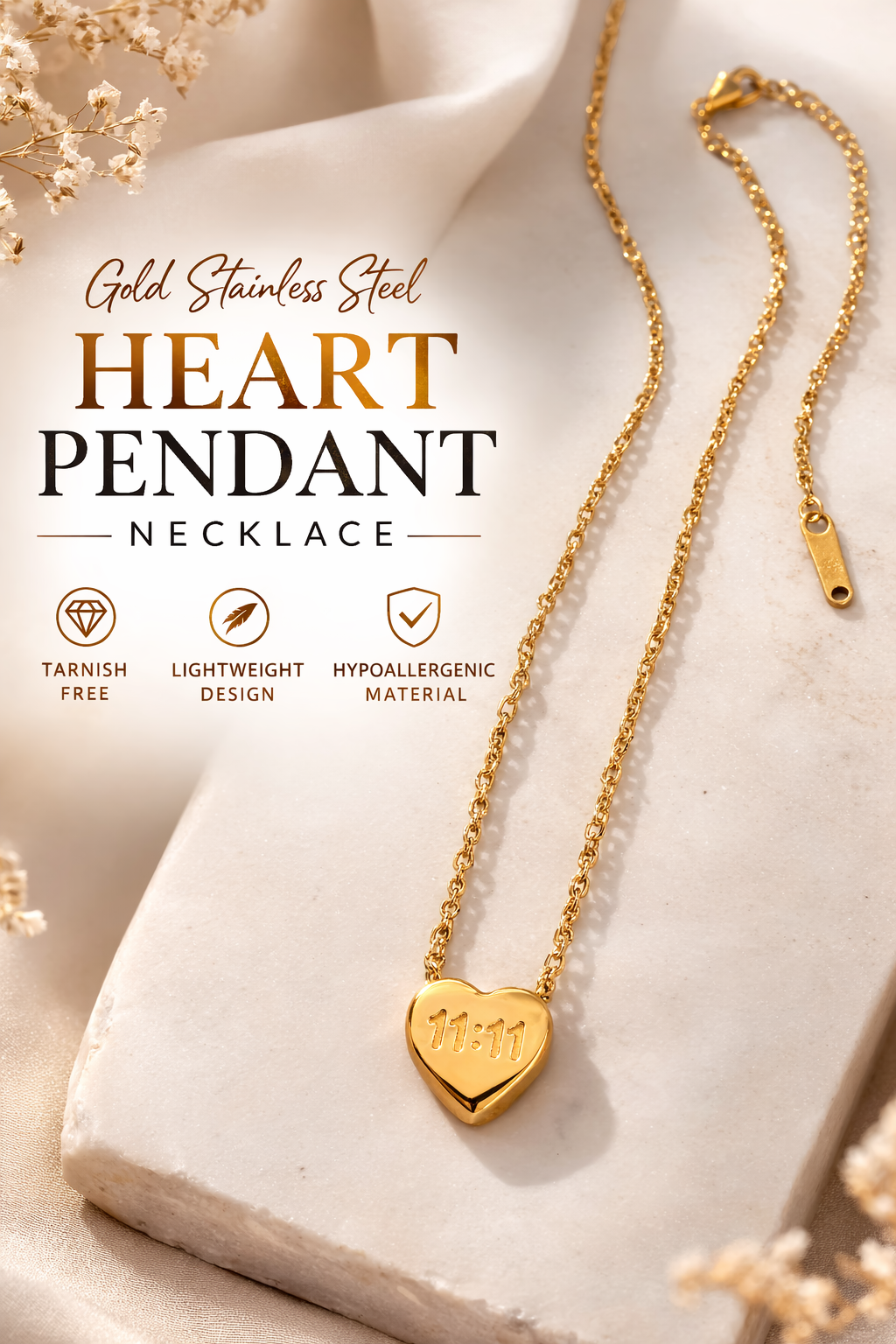 Gold Stainless Steel 11:11 Heart Pendant Necklace (AK9175_2)