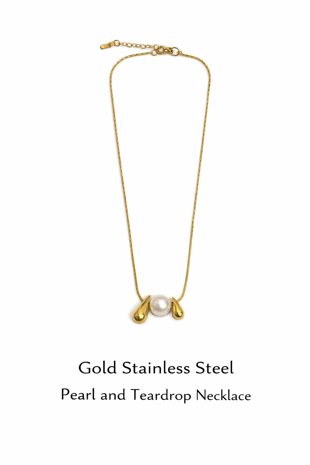 Gold Stainless Steel Pearl Teardrop Necklace (AK91120_2)