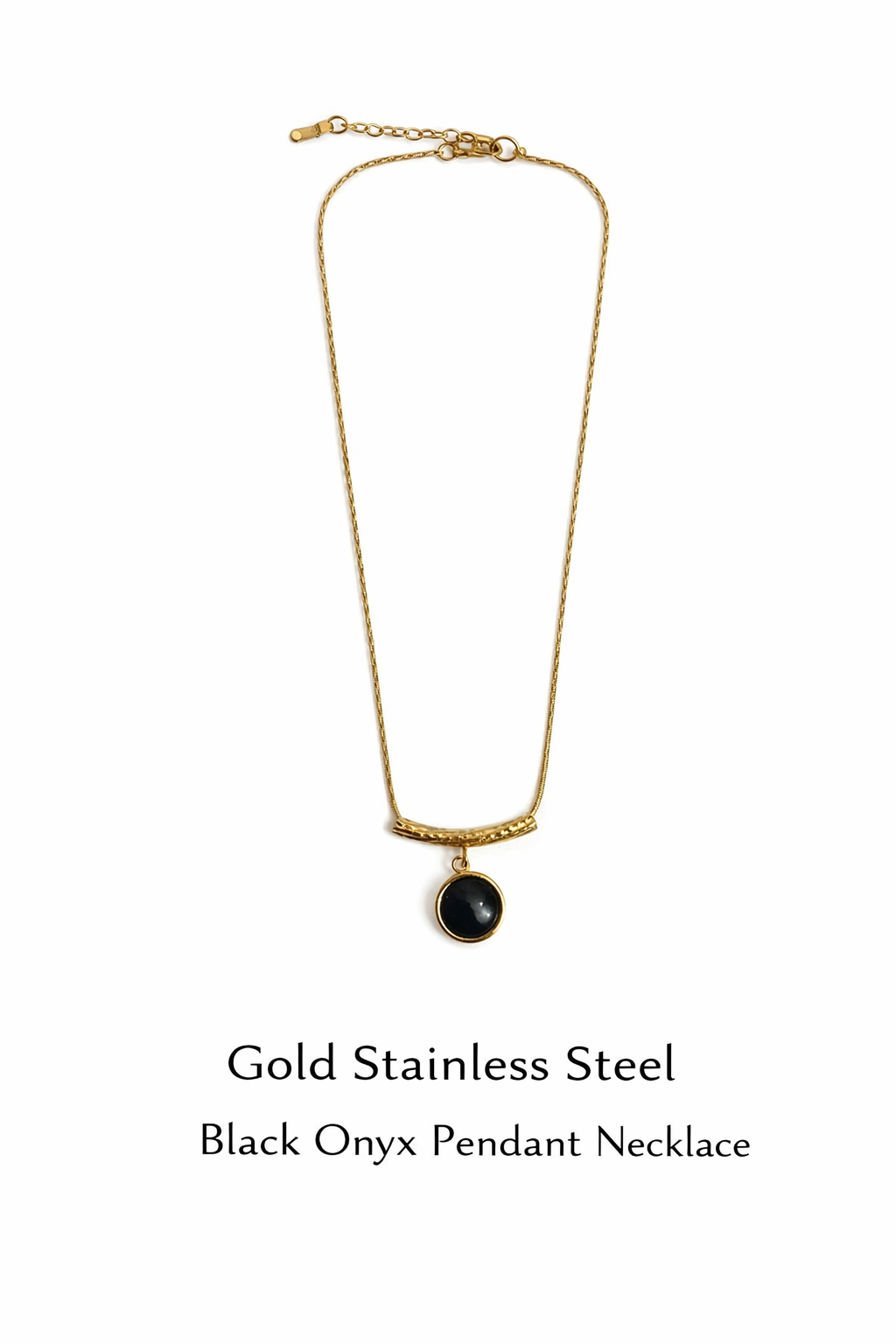 Gold Stainless Steel Black Onyx Pendant Necklace (AK91120_2)