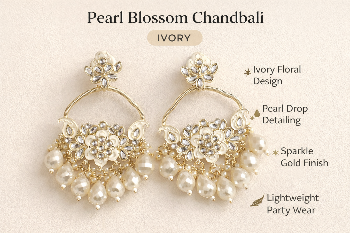 Gold-Tone Ivory Pearl Blossom Chandbali Earrings (LN9180)
