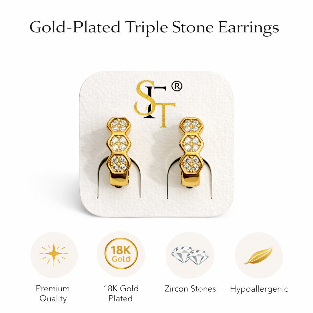 Gold-Plated Triple Stone Huggie Earrings (SF91144_2)