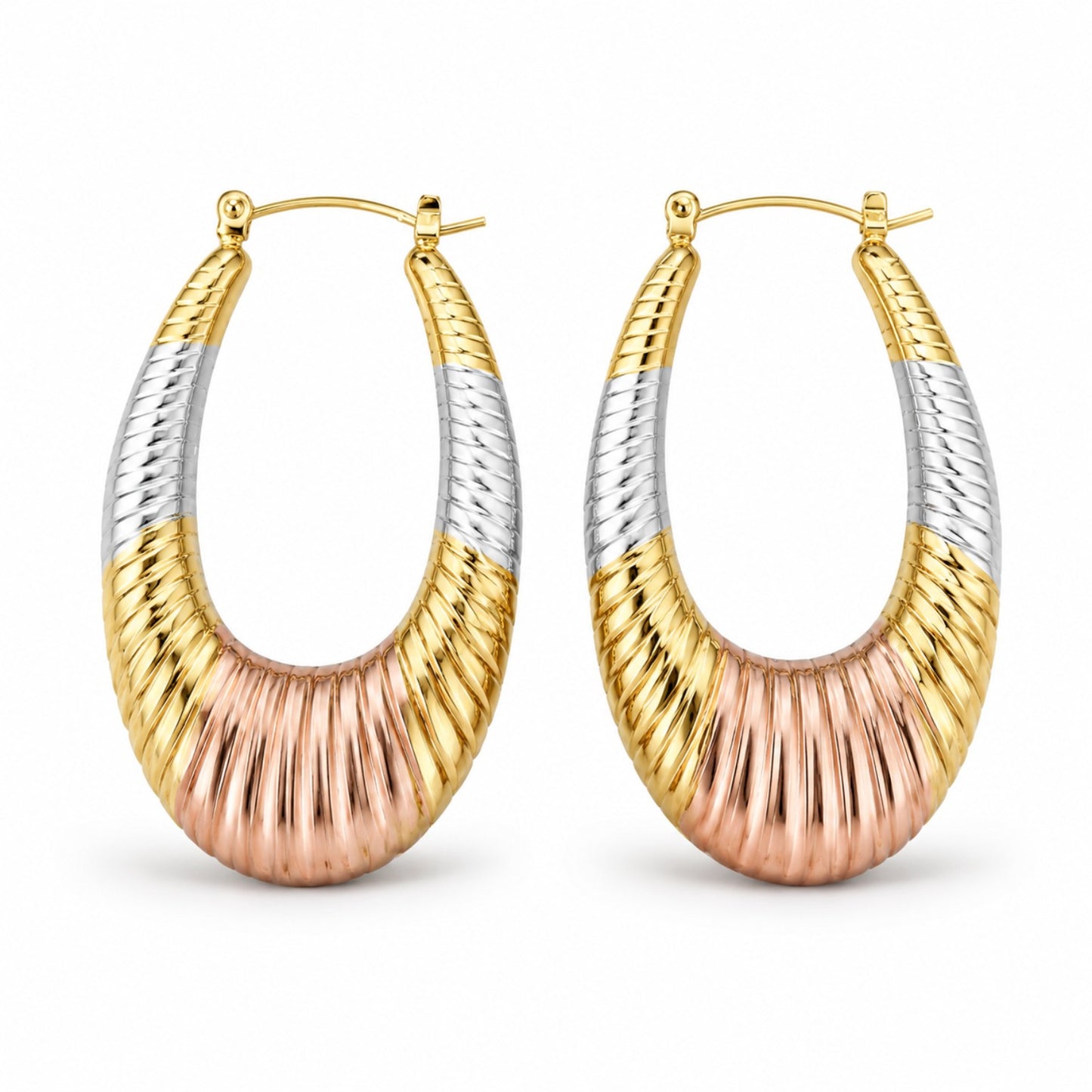 Tri-Tone Ribbed Oval Hoop Earrings (AK91120_2)