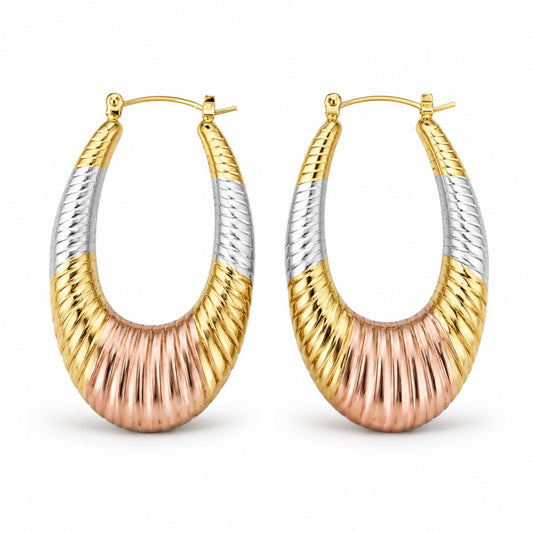 Tri-Tone Ribbed Oval Hoop Earrings (AK91120_2)