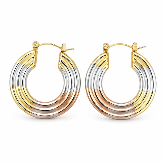 Tri-Tone Ribbed C-Hoop Earrings (AK91120_2)