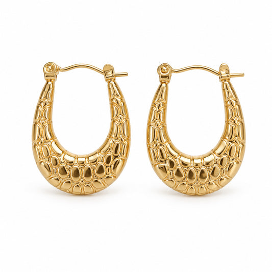 Gold Textured Oval Hoop Earrings (AK91444_2)