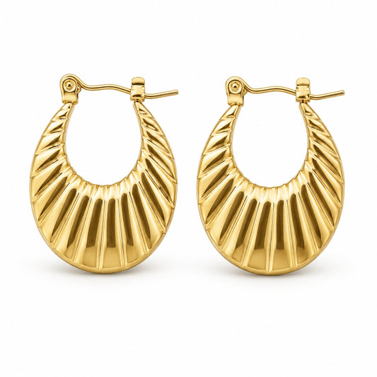 Gold Ribbed Oval Hoop Earrings (AK91444_2)