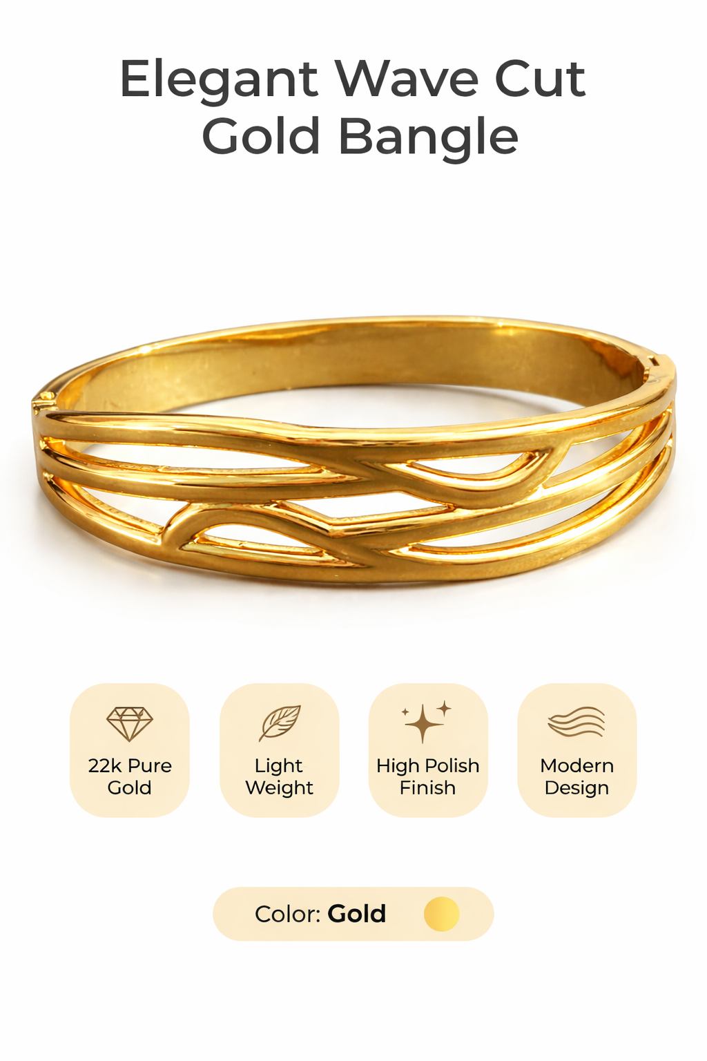 Elegant Wave Cut Gold Bangle (AK91185_2)