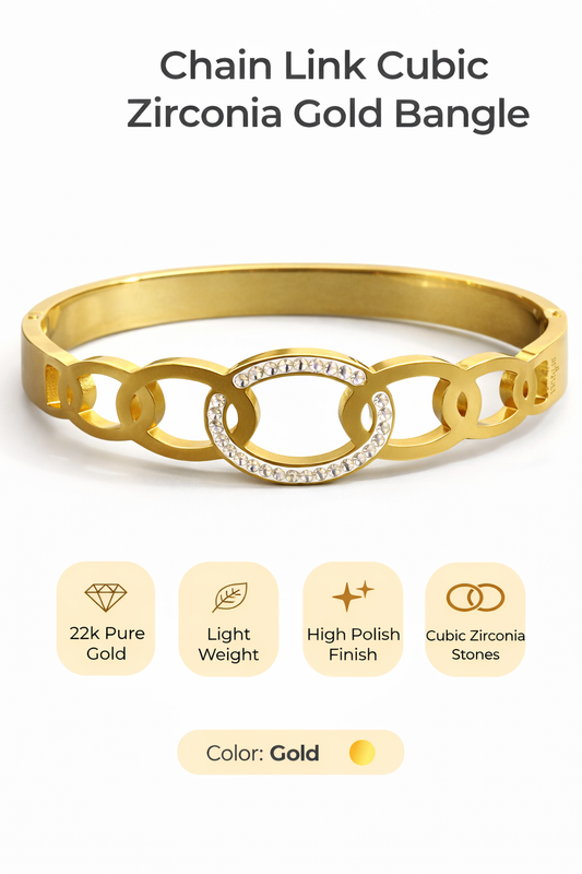 Chain Link Cubic Zirconia Gold Bangle (AK91160_2)