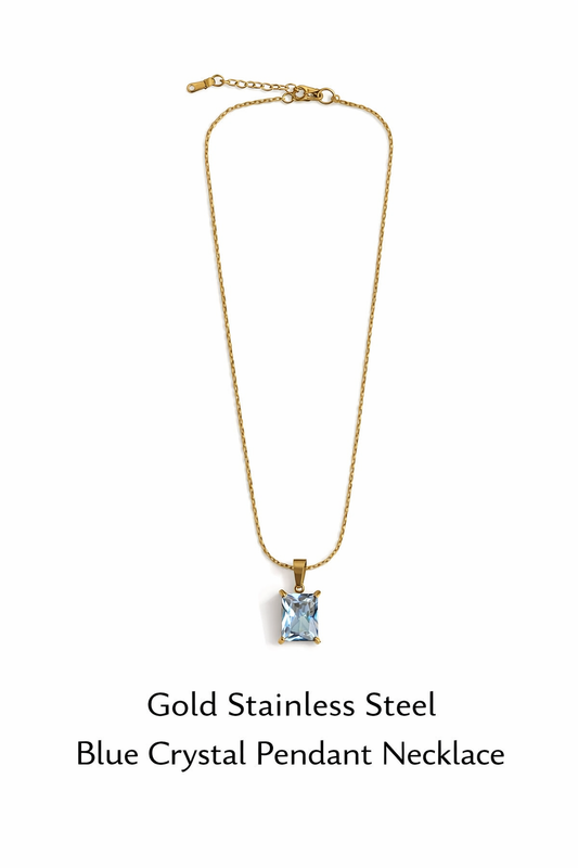 Gold Stainless Steel Blue Crystal Pendant Necklace (AK9175_2)