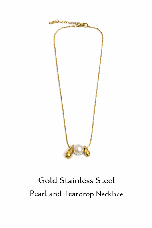 Gold Stainless Steel Pearl Teardrop Necklace (AK91120_2)