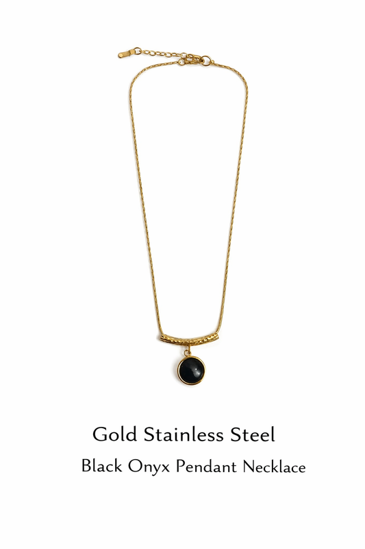 Gold Stainless Steel Black Onyx Pendant Necklace (AK91120_2)