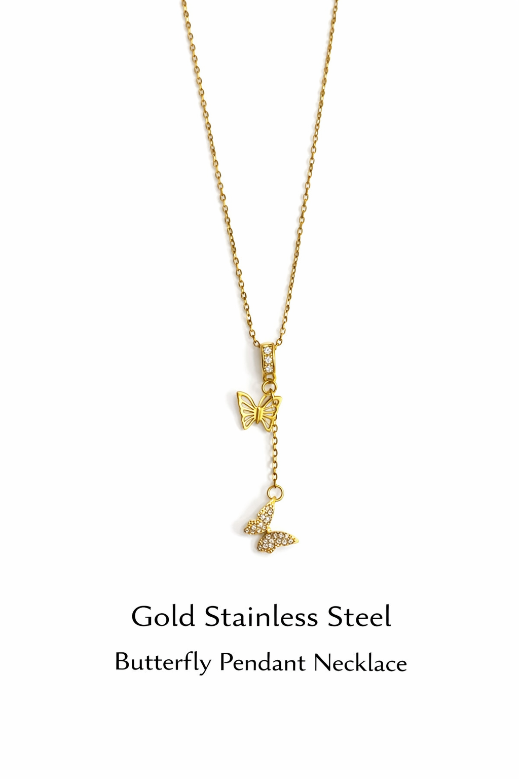 Gold Stainless Steel Double Butterfly Pendant Necklace (AK91120_2)