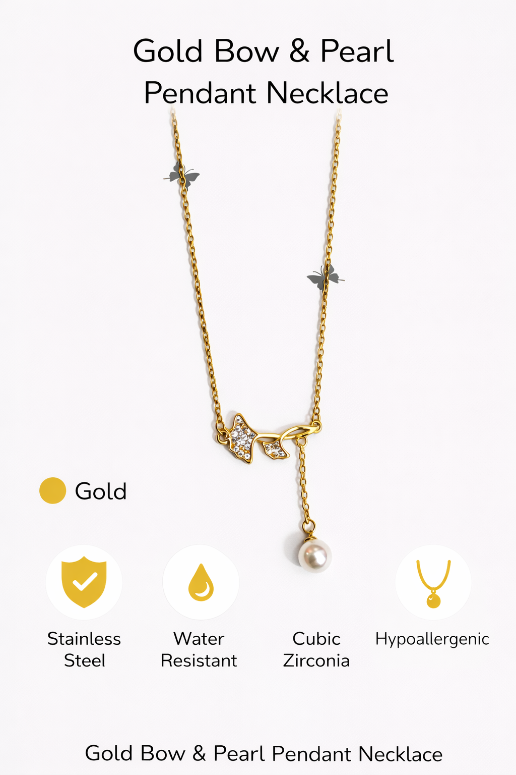 Gold Bow & Pearl Drop Pendant Necklace (AK91120_2)