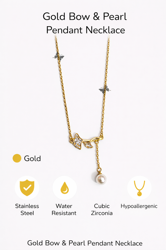 Gold Bow & Pearl Drop Pendant Necklace (AK91120_2)