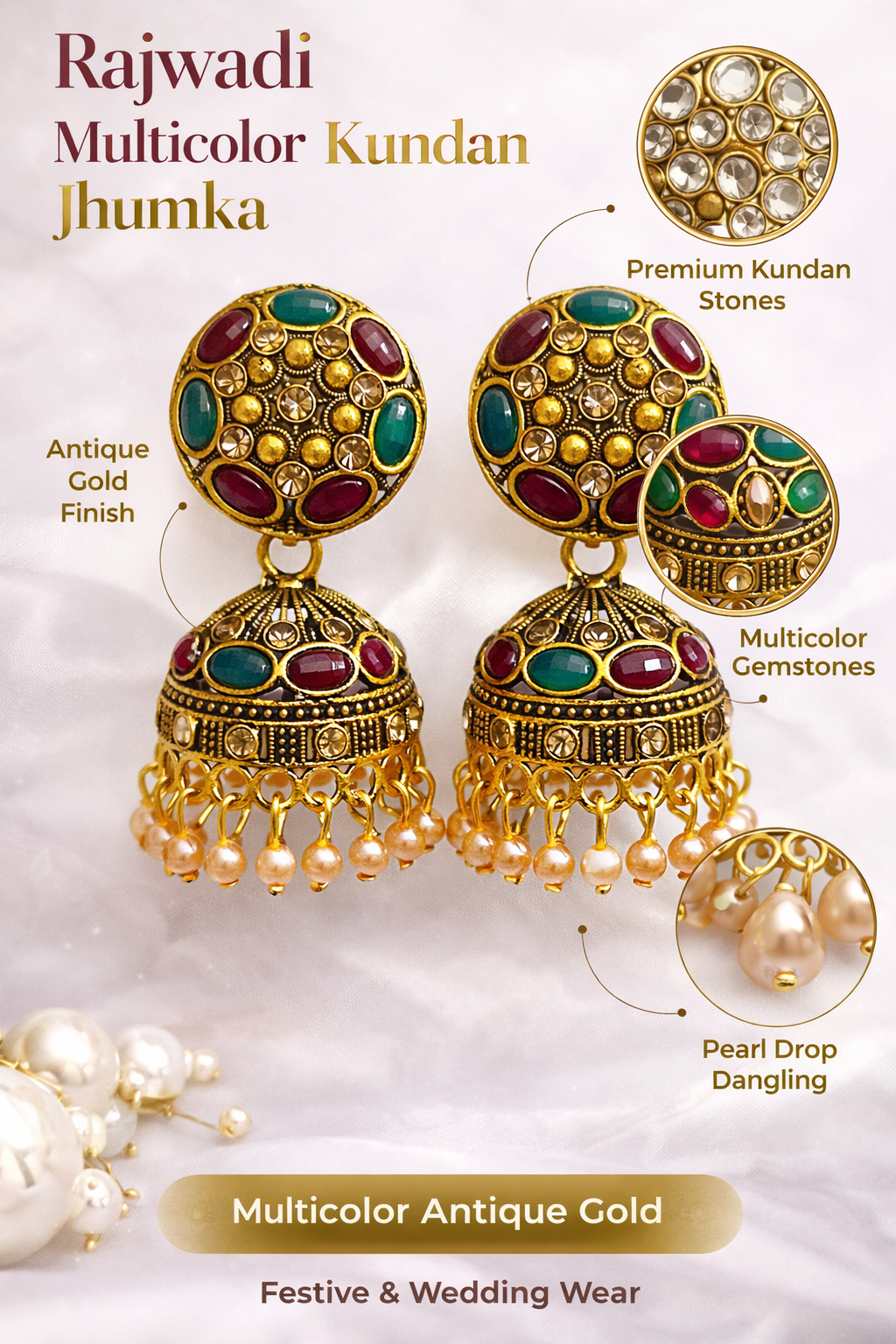 Rajwadi Multicolor Kundan Jhumka Earrings (LN9150)