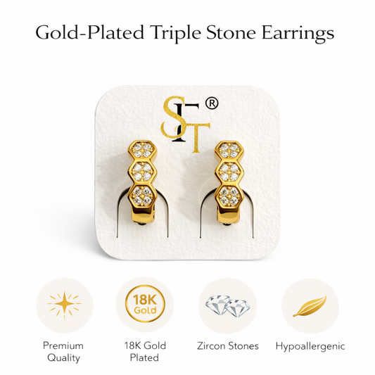 Gold-Plated Triple Stone Huggie Earrings (SF91144_2)