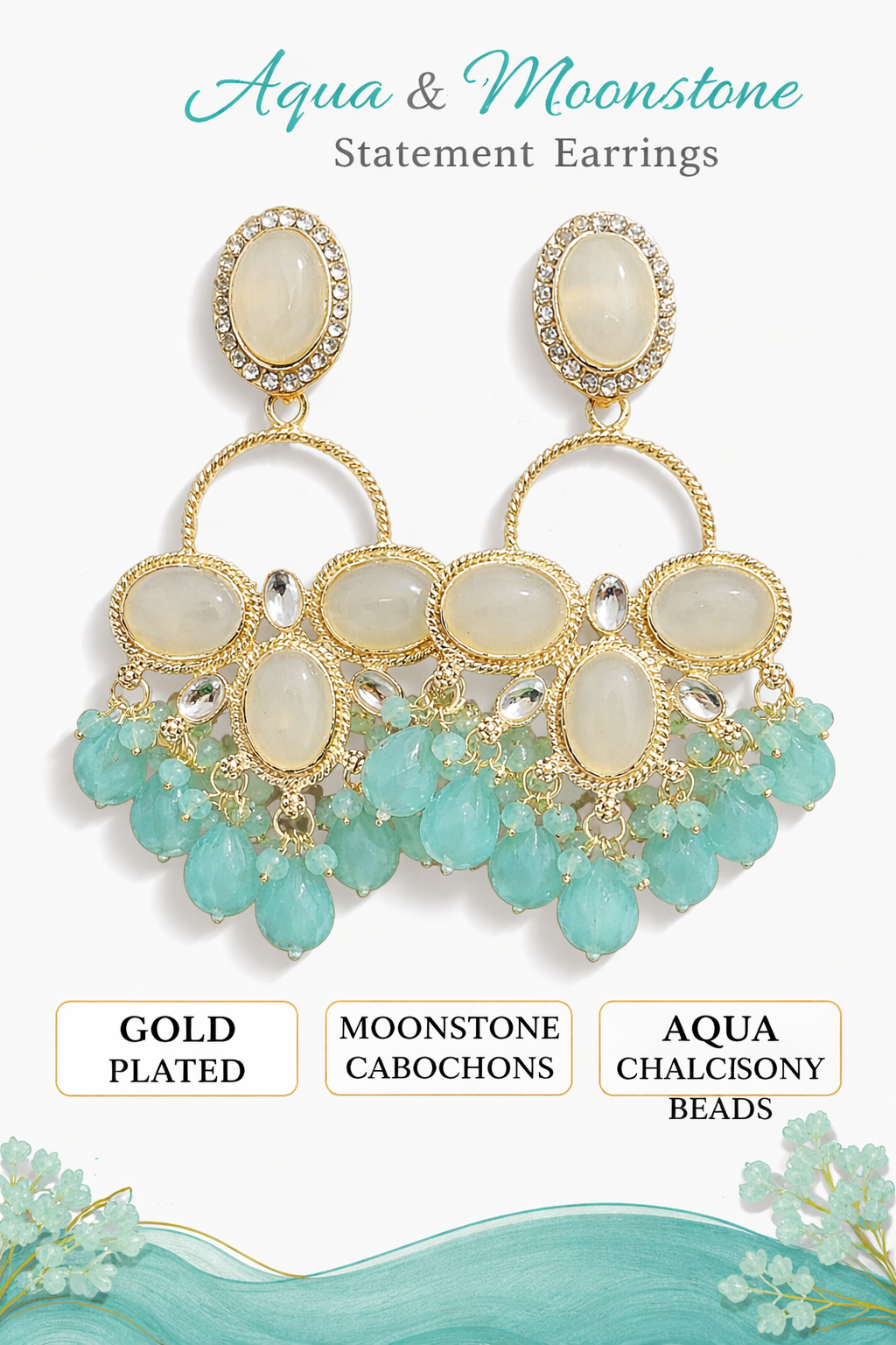Gold-Plated Moonstone Chalcedony Statement Earrings (LN9175)
