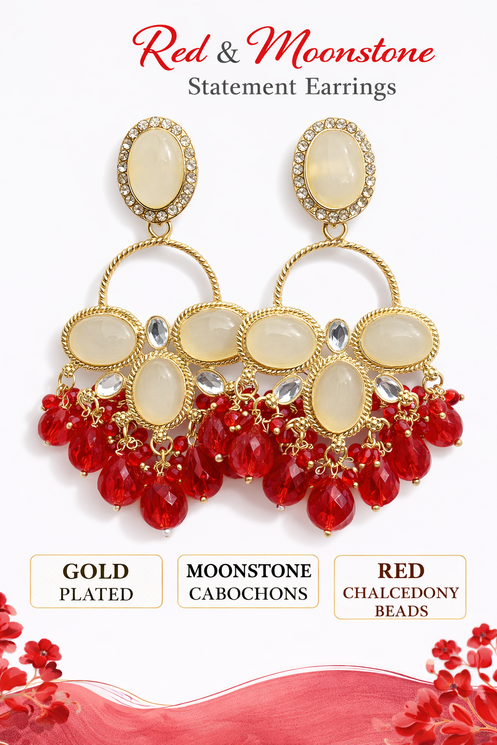 Gold-Plated Moonstone Chalcedony Statement Earrings (LN9175)
