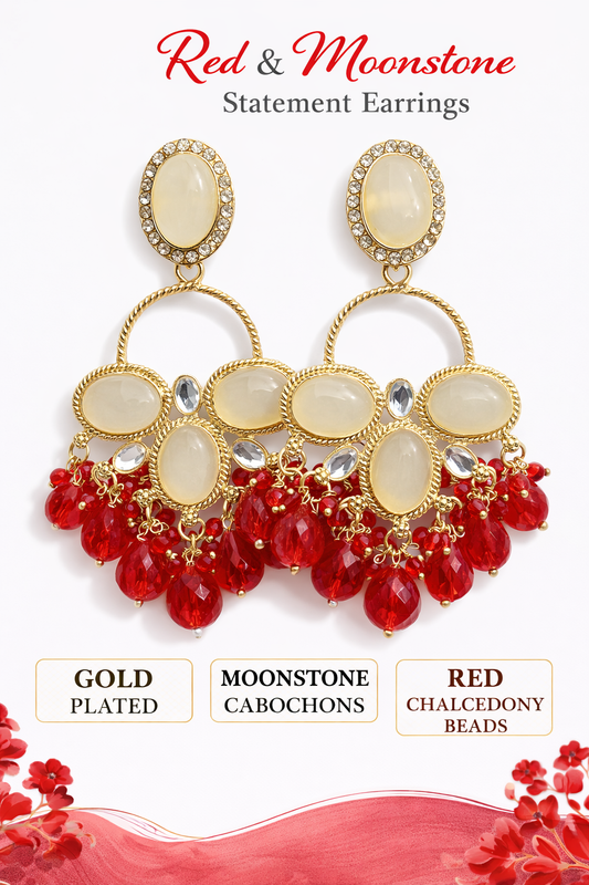 Gold-Plated Moonstone Chalcedony Statement Earrings (LN9175)