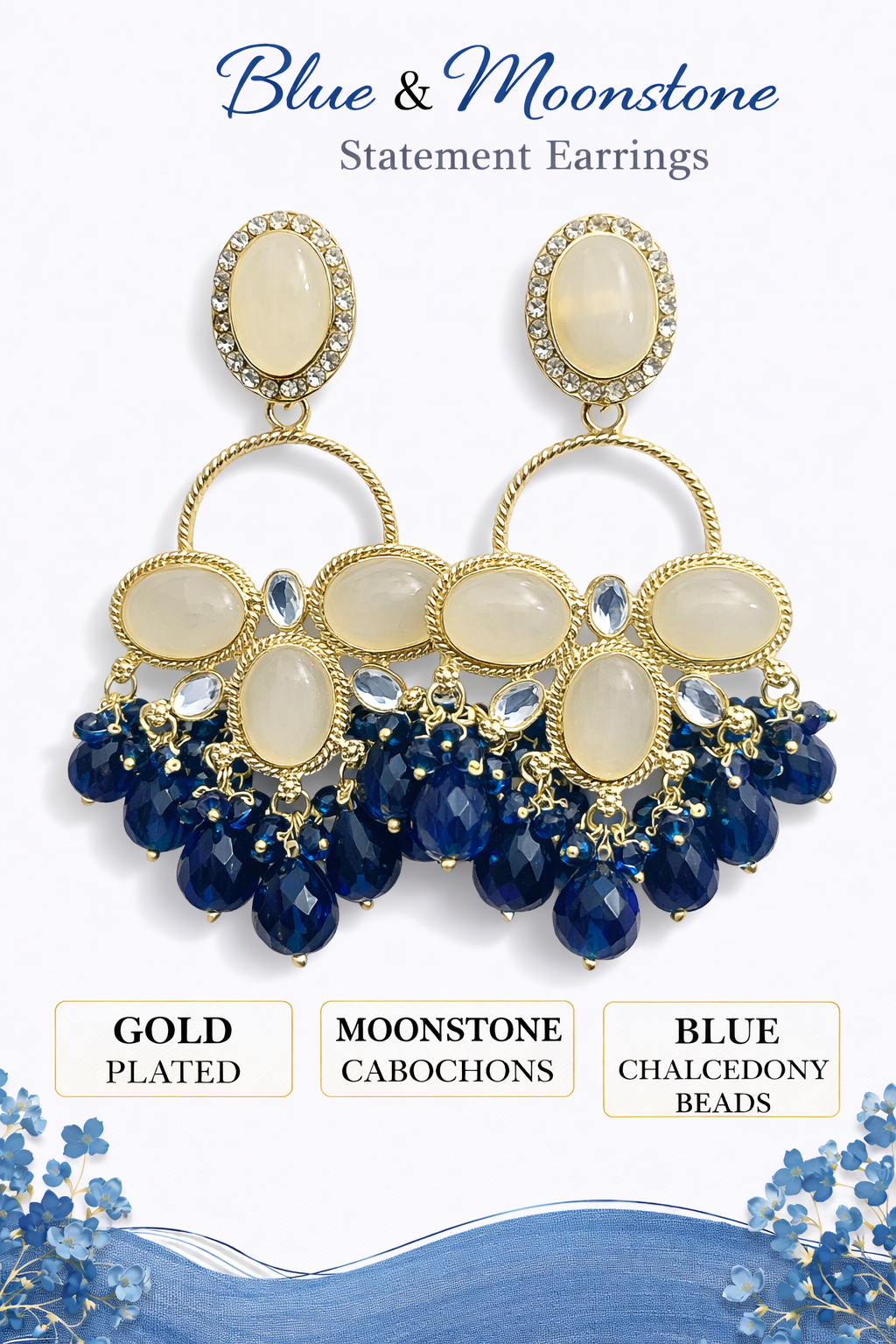 Gold-Plated Moonstone Chalcedony Statement Earrings (LN9175)