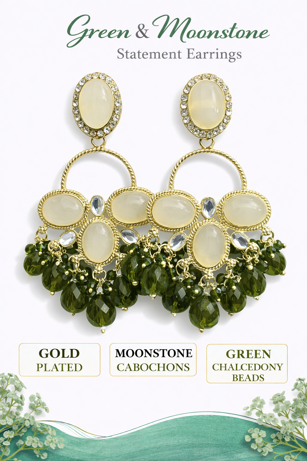 Gold-Plated Moonstone Chalcedony Statement Earrings (LN9175)