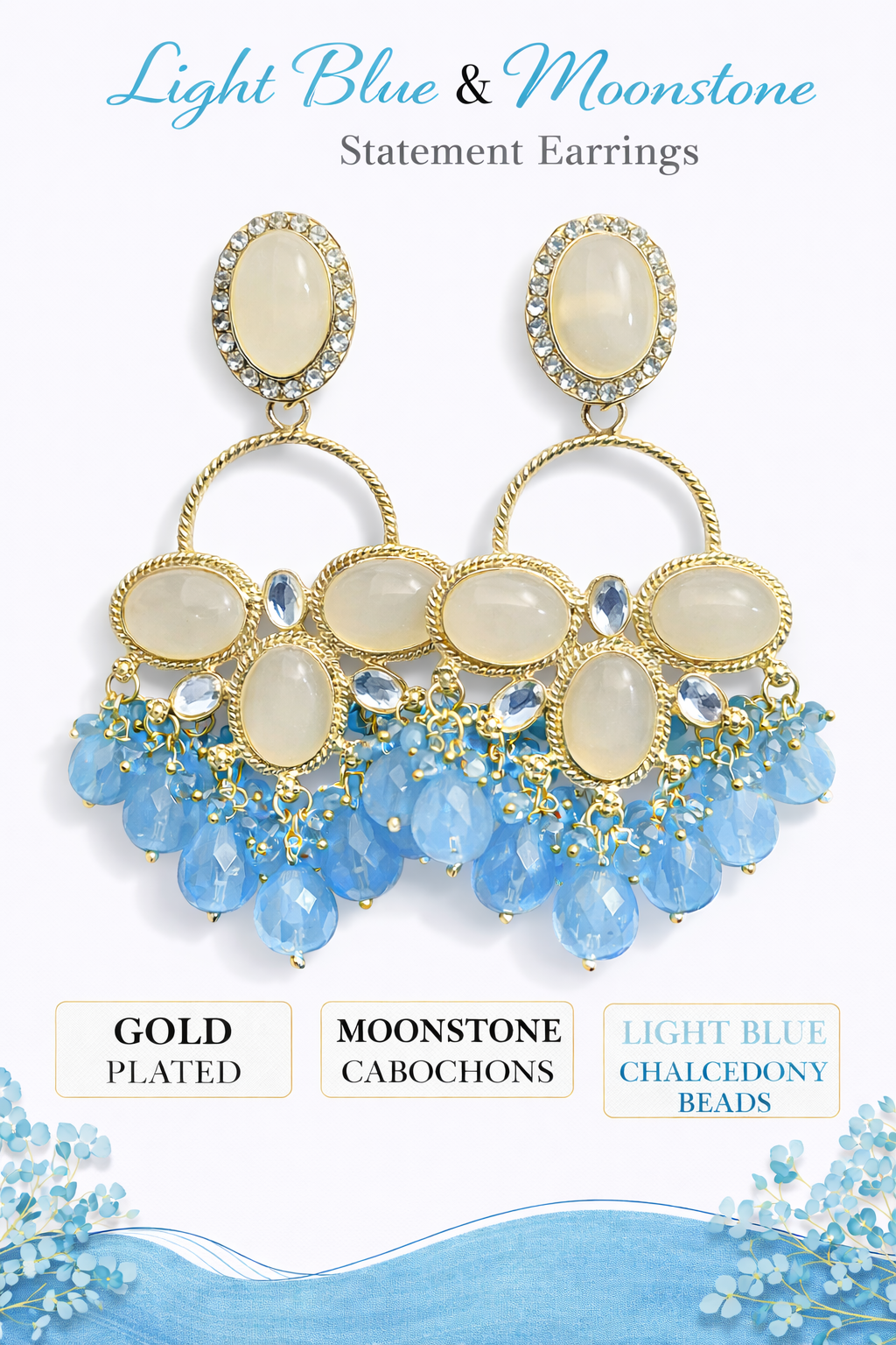 Gold-Plated Moonstone Chalcedony Statement Earrings (LN9175)