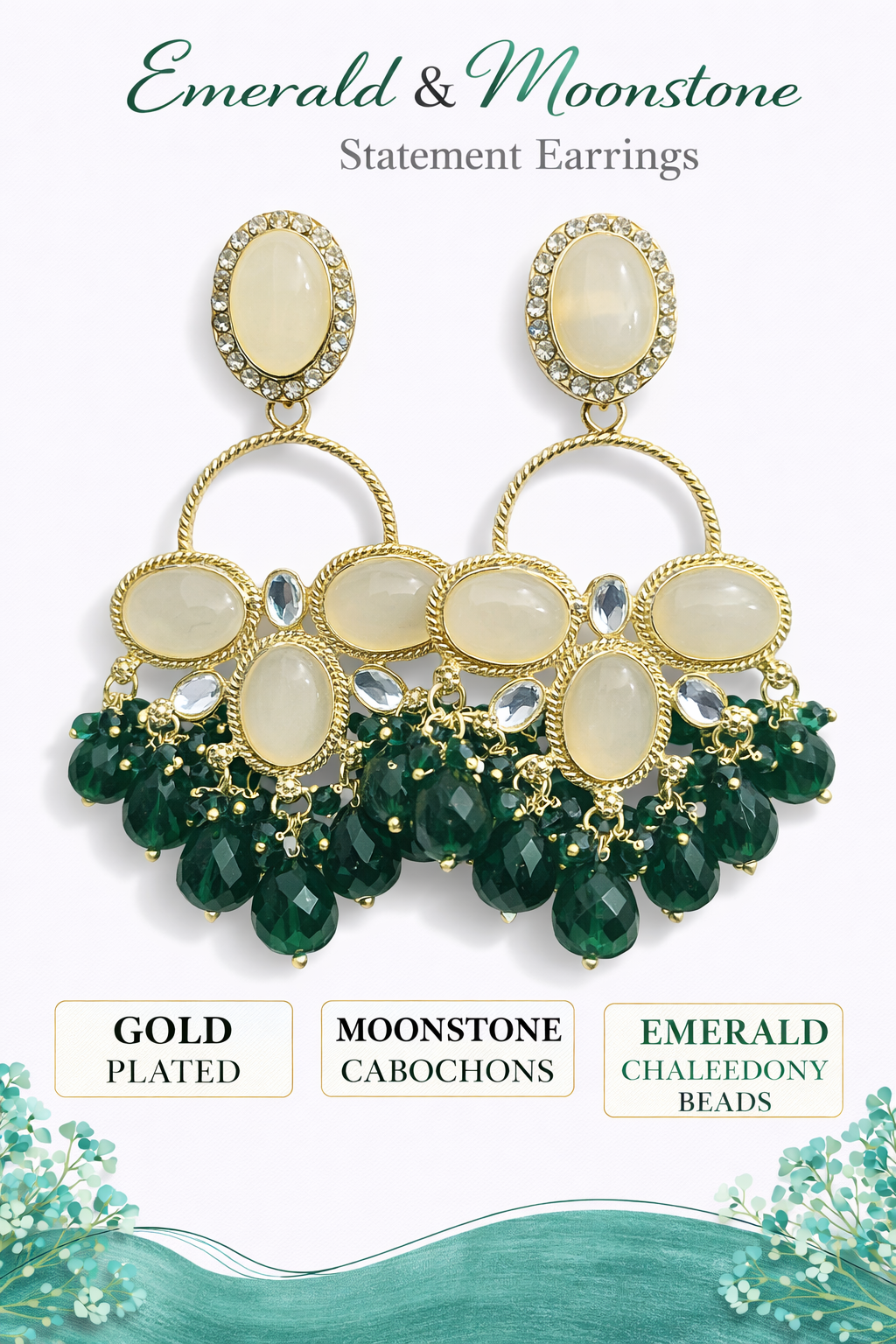 Gold-Plated Moonstone Chalcedony Statement Earrings (LN9175)