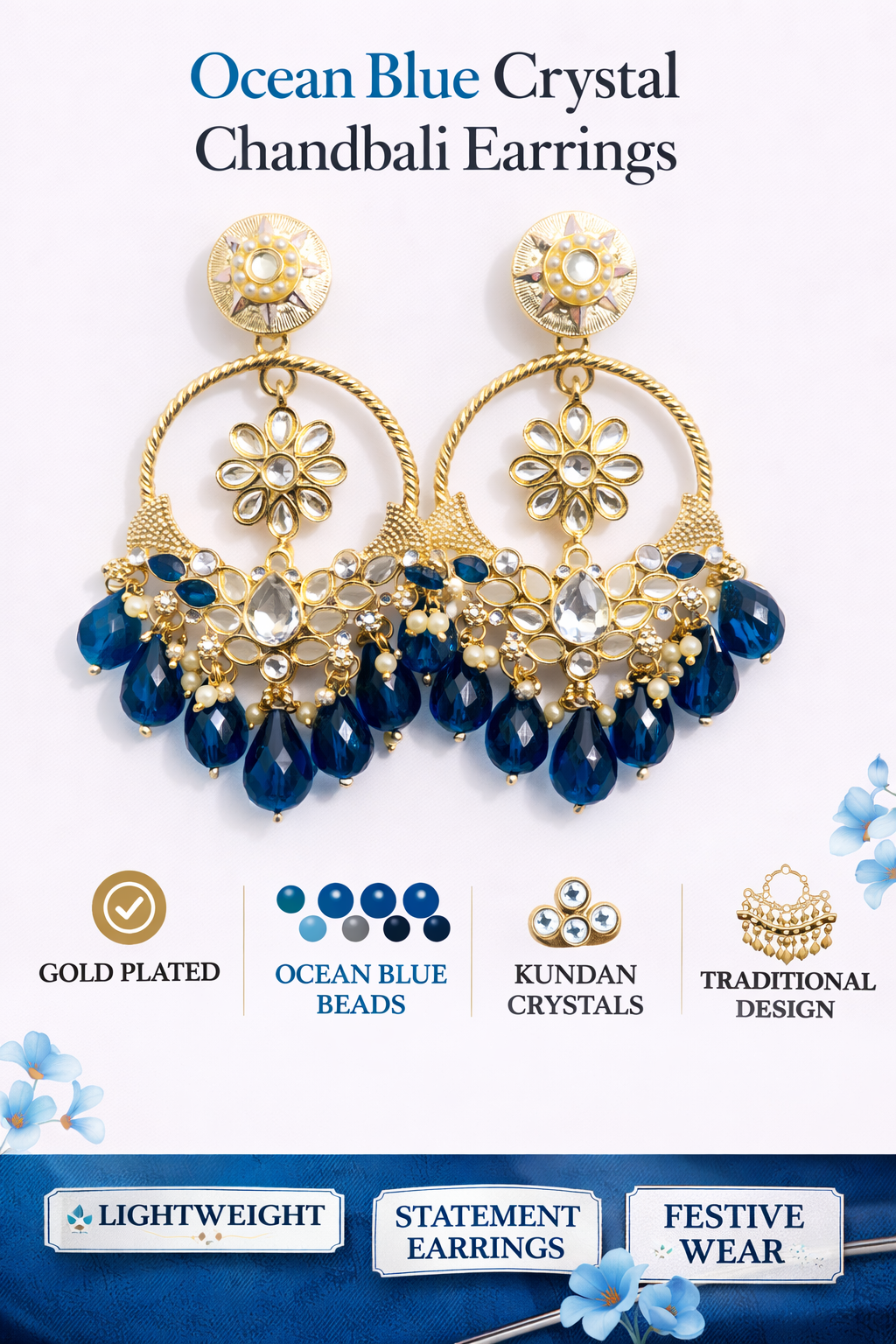 Gold-Plated Crystal Chandbali Statement Earrings (LN9175)