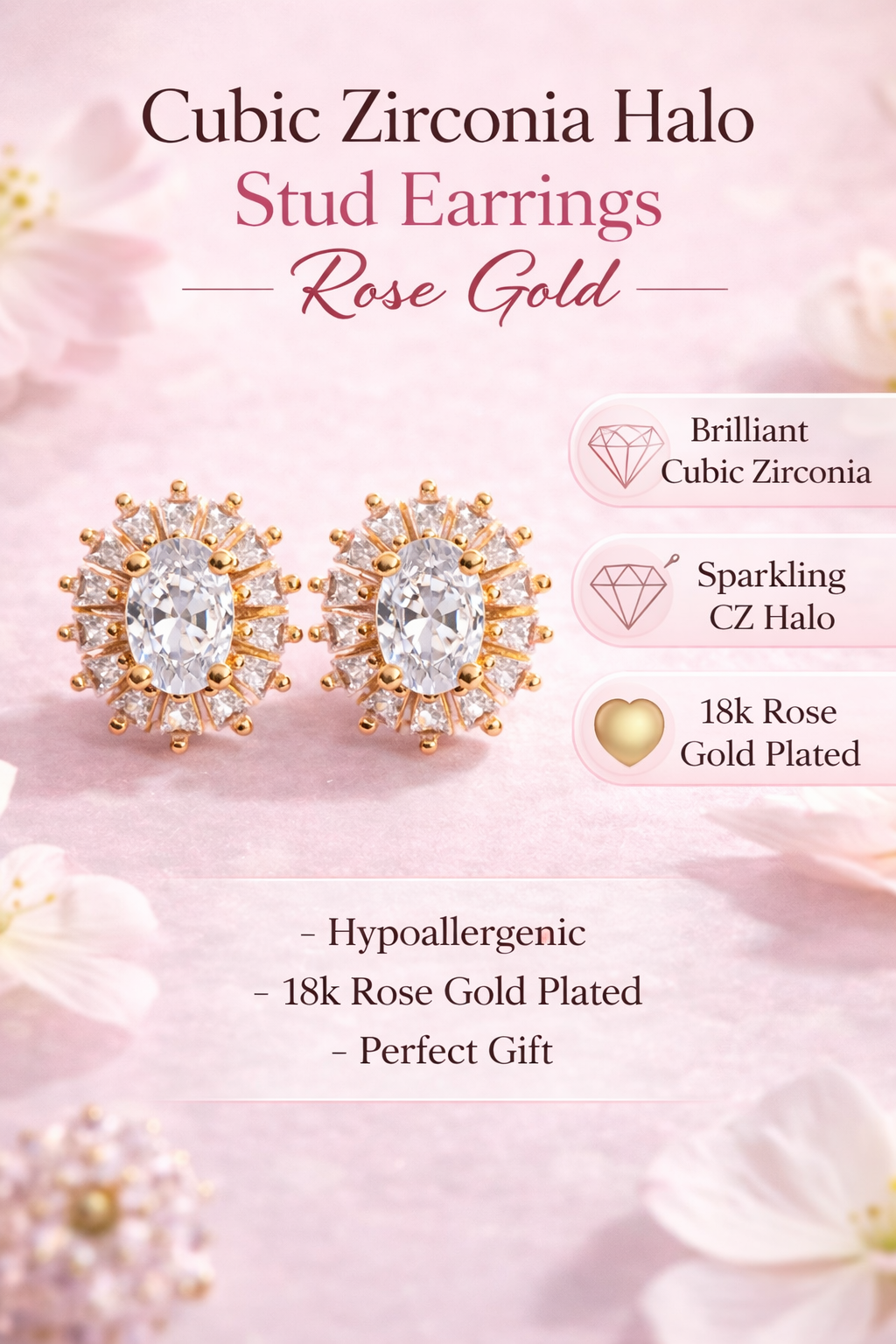 Rose Gold Halo Stud Earrings (SF91420)