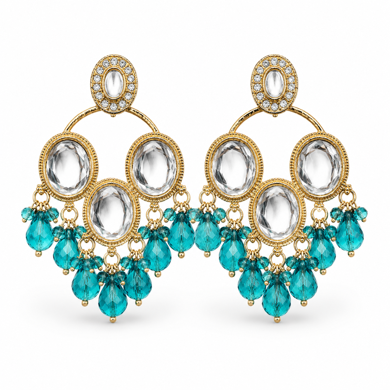 Gold-Plated Stone Bead Chandelier Earrings (LN9165)